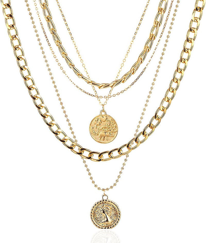 Lookray Gold Pirate Necklace for Women Layered Chunky Pirate Costume Jewelry Hip Hop 80s 90s Coin Pendant Necklace Halloween Pirate Costume Accessories - Image 1